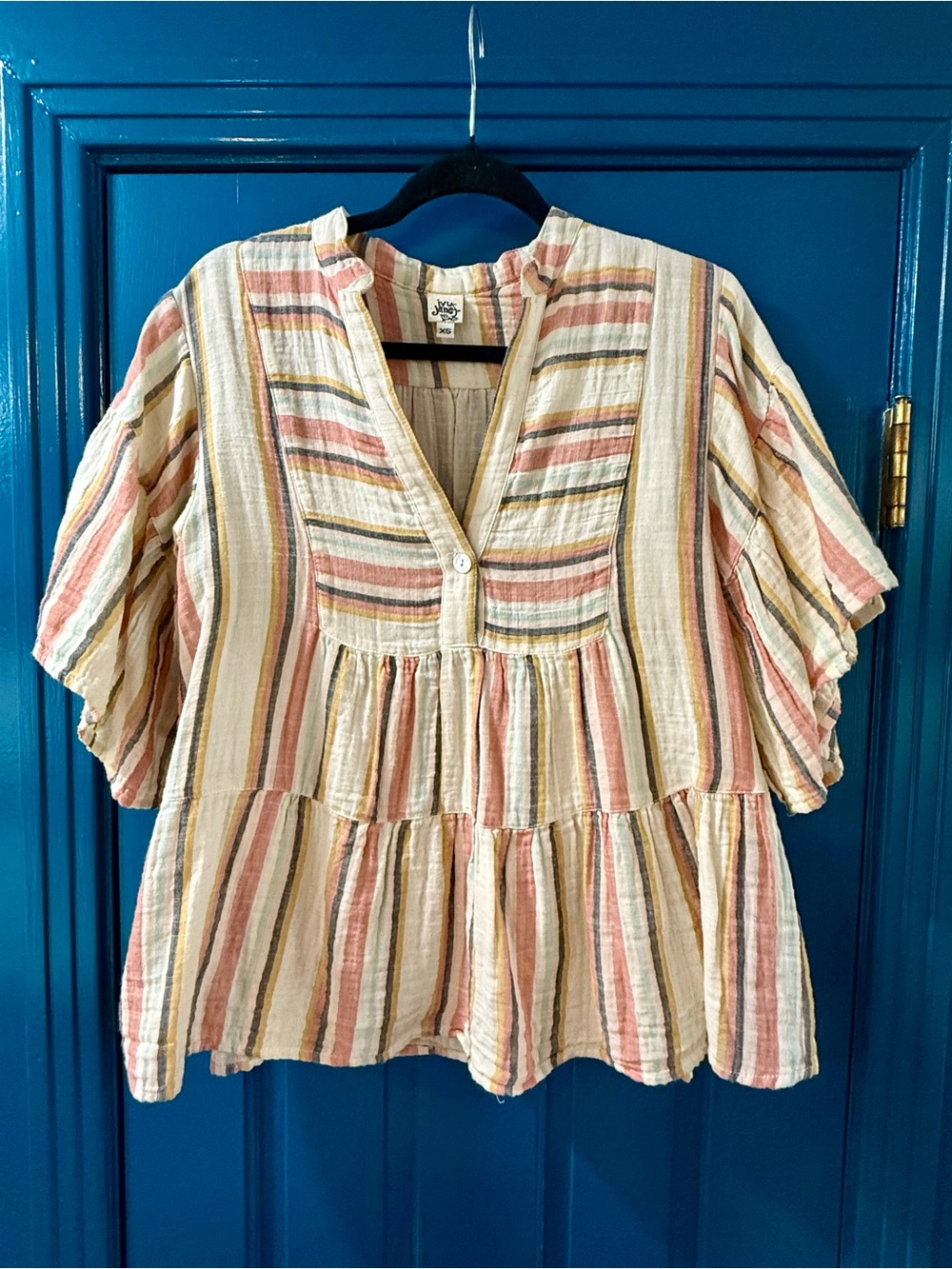 ivy jane Cream Blouse with Pink, Tan & Gray Stripes - Tiered Ruffle Peasant Top